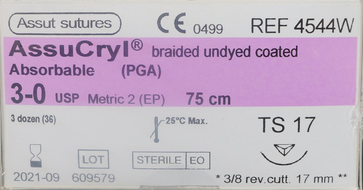  3/0 Assut AssuCryl 17mm x 75cm with 3/8 Reverse Cutting Needle - Undyed. Pack of 36