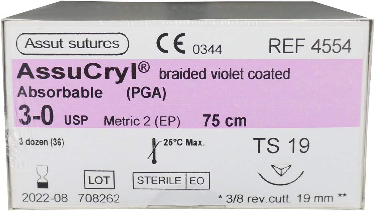  3/0 Assut AssuCryl 19mm x 75cm with 3/8 Reverse Cutting Needle - Violet. Pack of 36