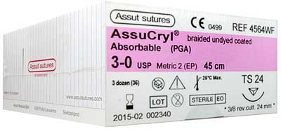  3/0 Assut AssuCryl 24mm x 45cm with 3/8 Reverse Cutting Needle - Undyed. Pack of 36