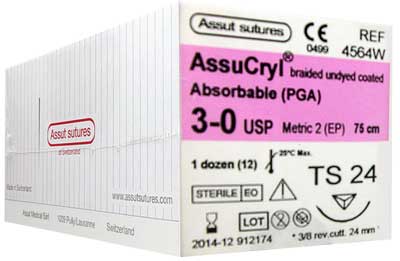 3/0 Assut AssuCryl 24mm x 75cm with 3/8 Reverse Cutting Needle - Undyed. Pack of 36