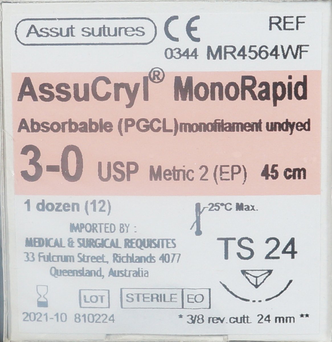 30AssutAssucrylMonorapid24MmX45CmWith38ReverseCuttingNeedle-UndyedPackOf12