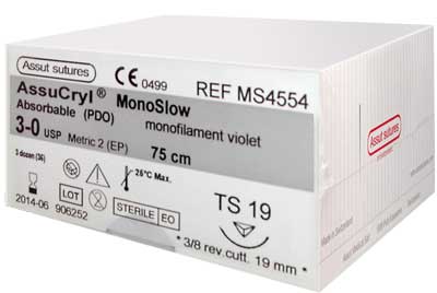  3/0 Assut AssuCryl MonoSlow Violet Sutures 19mm x 75cm with 3/8 Reverse Cutting Needle. Pack of 36