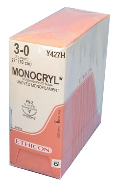 3/0 Monocryl 19mm x 70cm with Reverse Cutting Needle - Undyed. Pack of 36