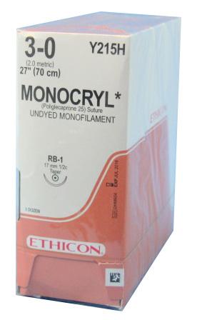 3/0 Monocryl Suture Undyed 70cm 17mm RB Taperpoint Needle. Box 36