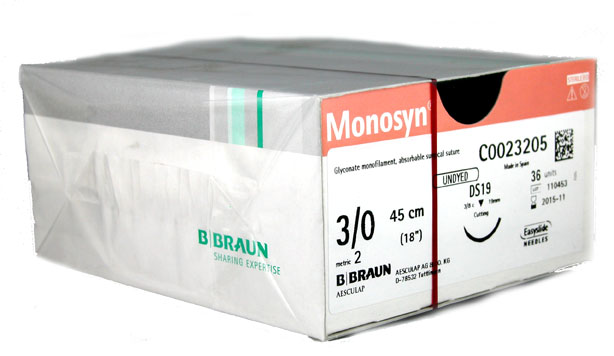 3/0 Monosyn Undyed Suture 19mm 3/8 RC Needle, 45cm. Pack of 36