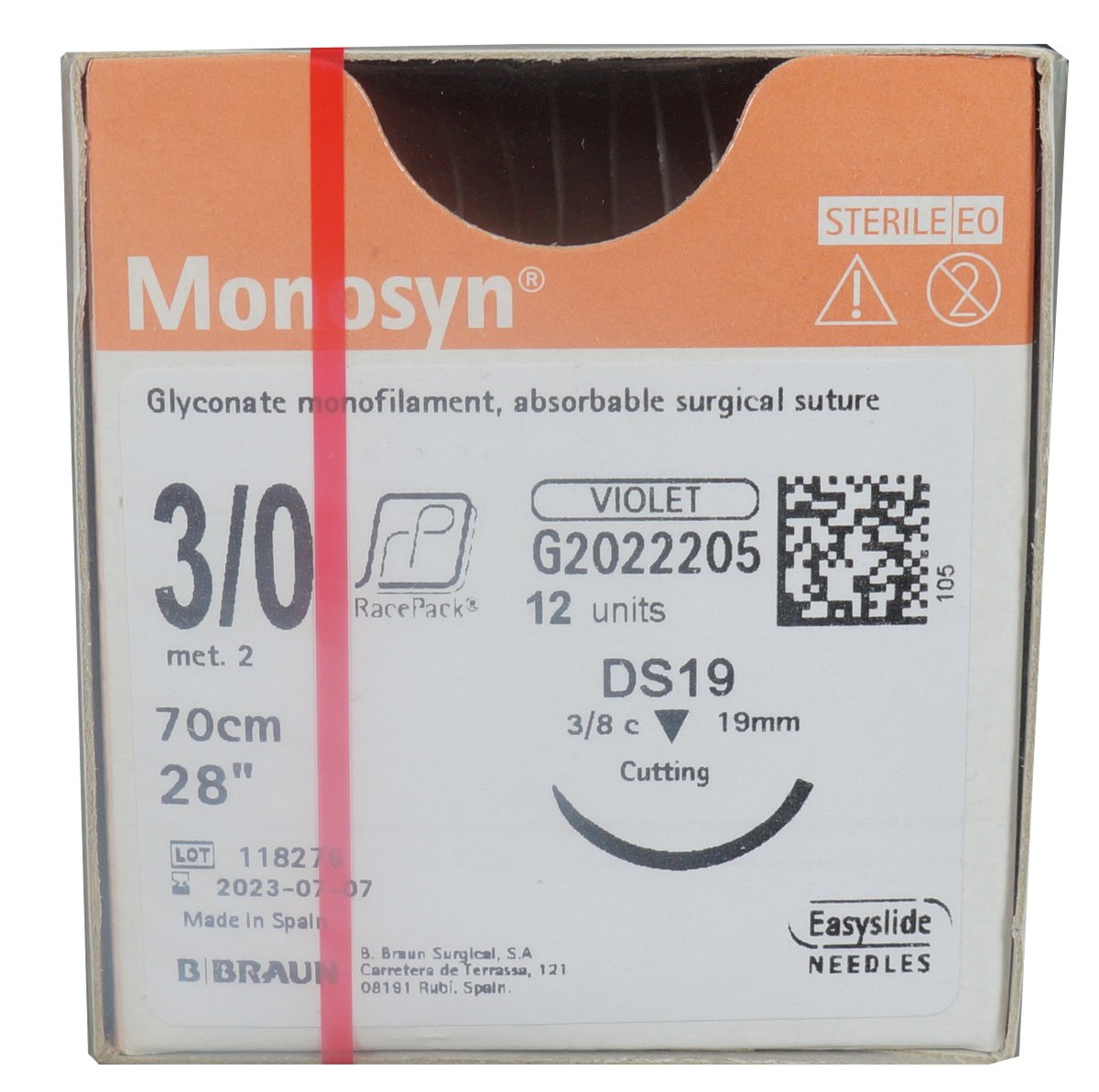 3/0 Monosyn Violet Suture 19mm 3/8 Circle RC Needle, 70cm. Pack of 12