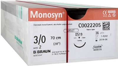 3/0 Monosyn Violet Suture 19mm 3/8 RC Needle, 70cm. Pack of 36