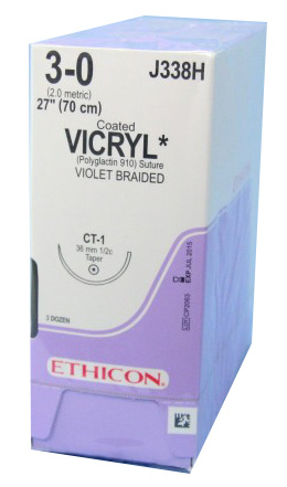 3/0 VICRYL SUTURE 36MM, 70CM DYED. BOX OF 36