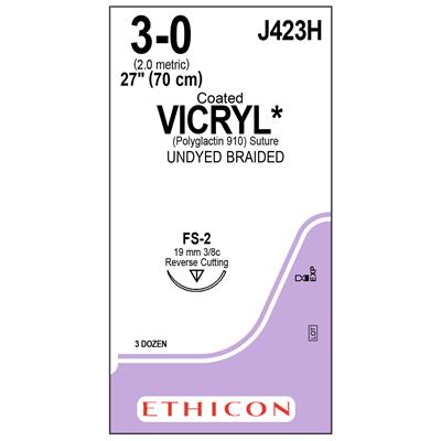 3/0 Vicryl Suture 18.7mm RC Needle, 70cm Undyed Braided. Pack of 36 (VCP423H)