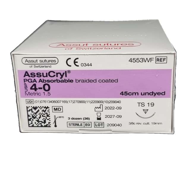 4/0 Assut AssuCryl 19mm x 45cm with 3/8 Reverse Cutting Needle - Undyed. Pack of 36