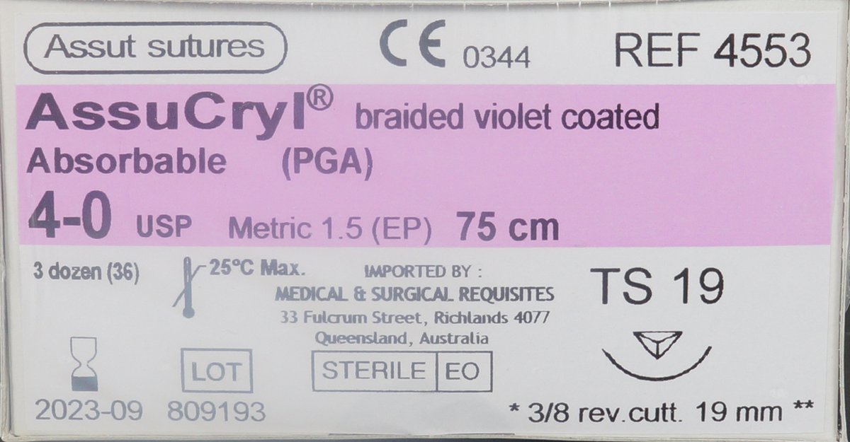  4/0 Assut AssuCryl 19mm x 75cm with 3/8 Reverse Cutting Needle - Violet. Pack of 36