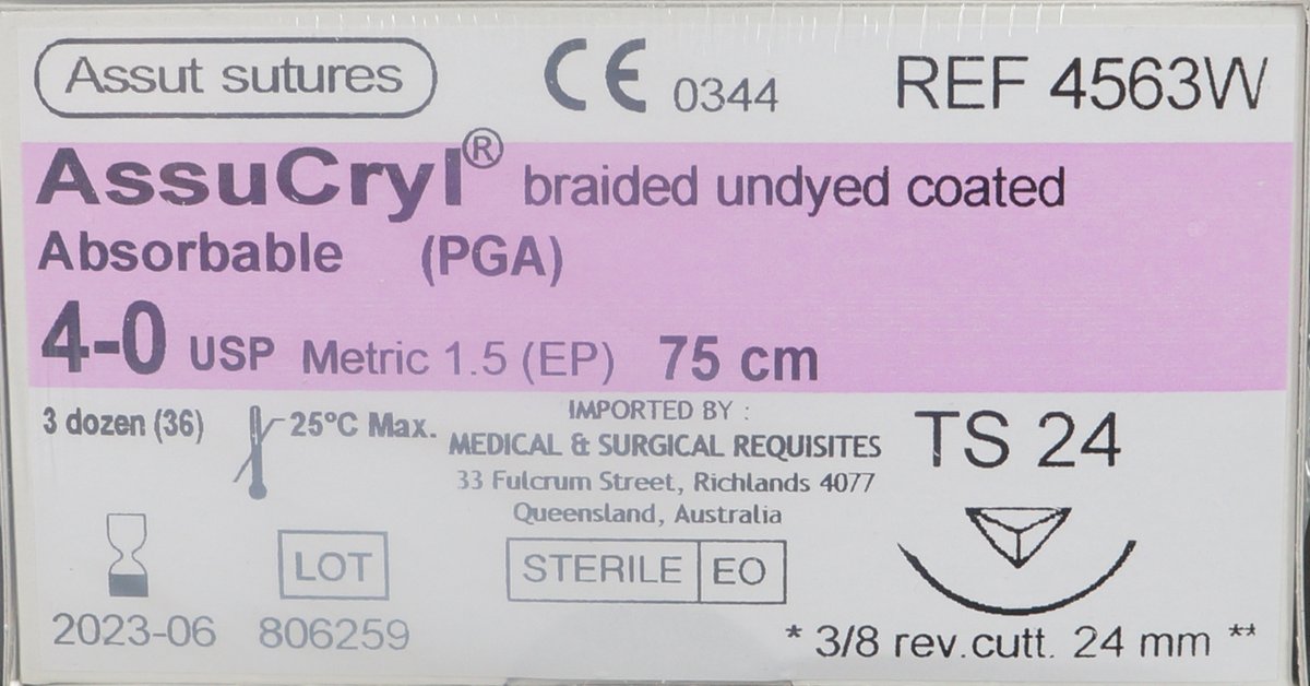  4/0 Assut AssuCryl 24mm x 75cm with 3/8 Reverse Cutting Needle - Undyed. Pack of 36