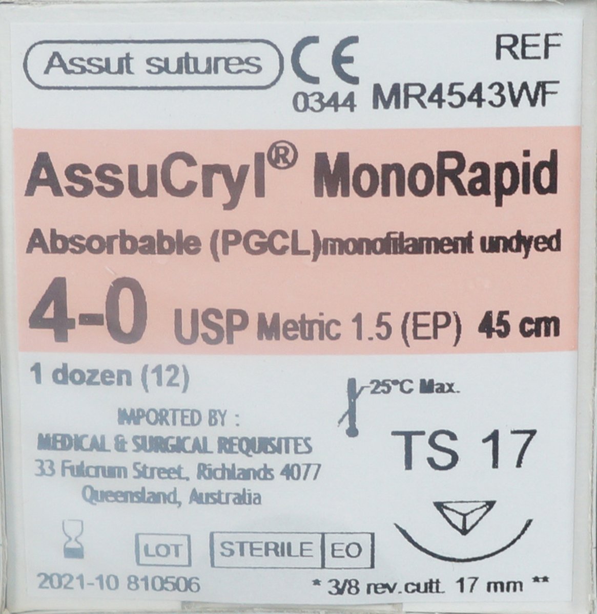  4/0 Assut AssuCryl MonoRapid 17mm x 45cm with 3/8 Reverse Cutting Needle - Undyed. Pack of 12