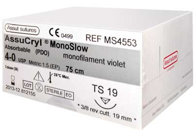  4/0 Assut AssuCryl MonoSlow Violet Sutures 19mm x 75cm with 3/8 Reverse Cutting Needle. Pack of 36