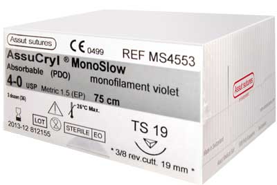 40AssutAssucrylMonoslowVioletSutures19MmX75CmWith38ReverseCuttingNeedlePackOf36