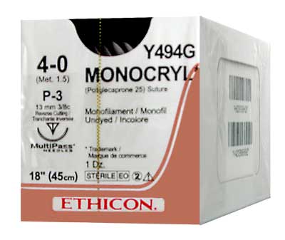 4/0 Monocryl Suture 13mm RC Needle, 45cm Undyed. Pack of 12 (MCP494G)