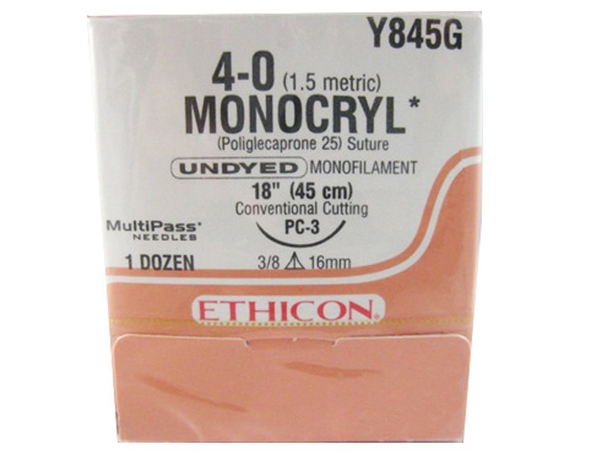 4/0 Monocryl Suture Undyed 45cm, 16mm Prime Conventional Cut Needle. Box 12