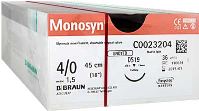 4/0 Monosyn Suture 19mm 3/8 RC Needle, 45cm. Pack of 36