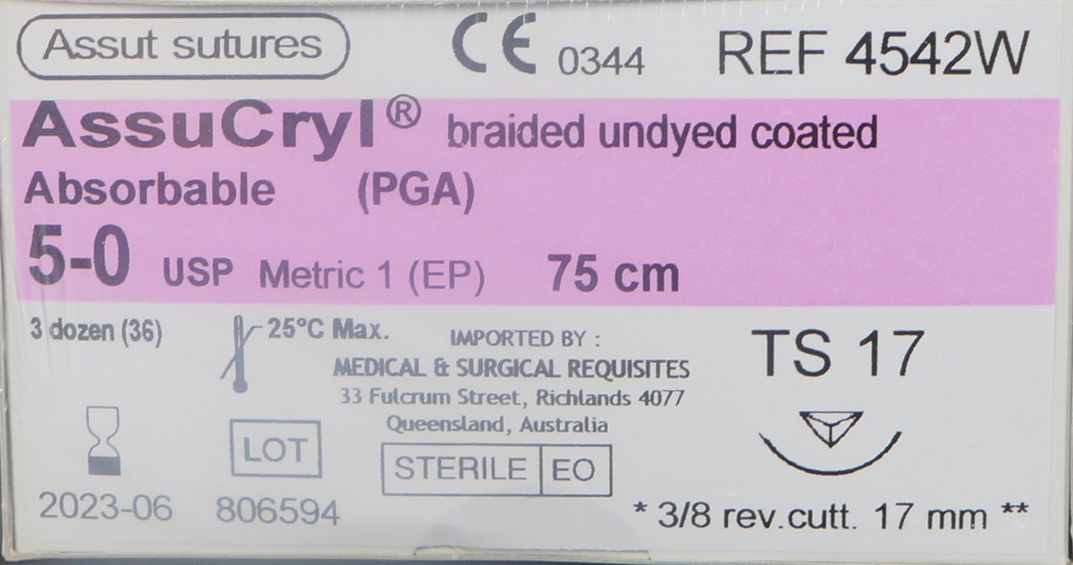  5/0 Assut AssuCryl 17mm x 75cm with 3/8 Reverse Cutting Needle - Undyed. Pack of 36