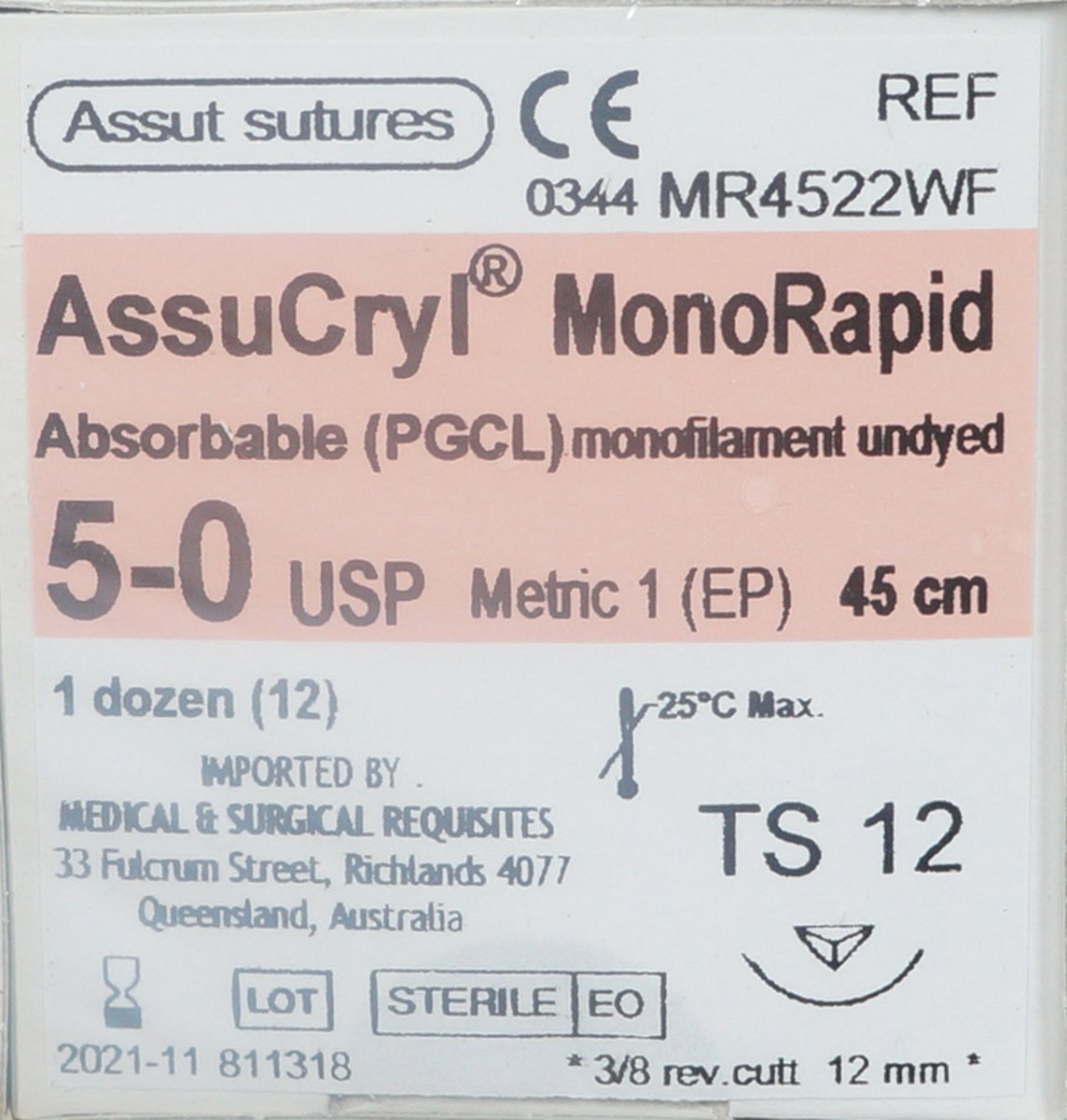  5/0 Assut AssuCryl MonoRapid 12mm x 45cm with 3/8 Reverse Cutting Needle - Undyed. Pack of 12 