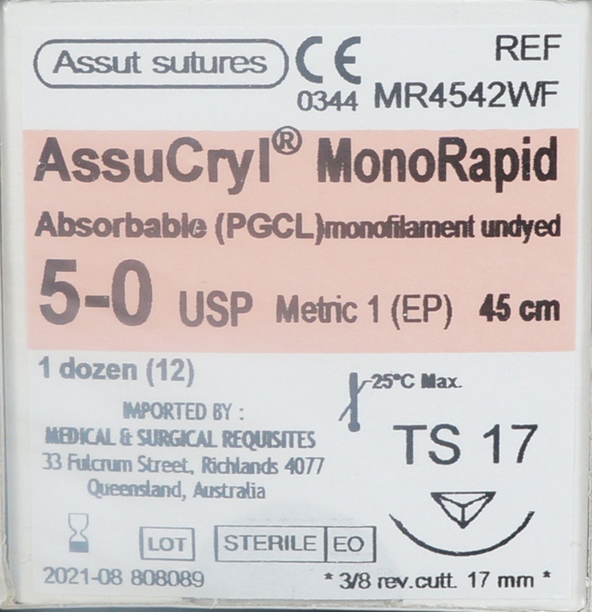 5/0 Assut AssuCryl MonoRapid 17mm x 45cm with 3/8 Reverse Cutting Needle - Undyed. Pack of 12