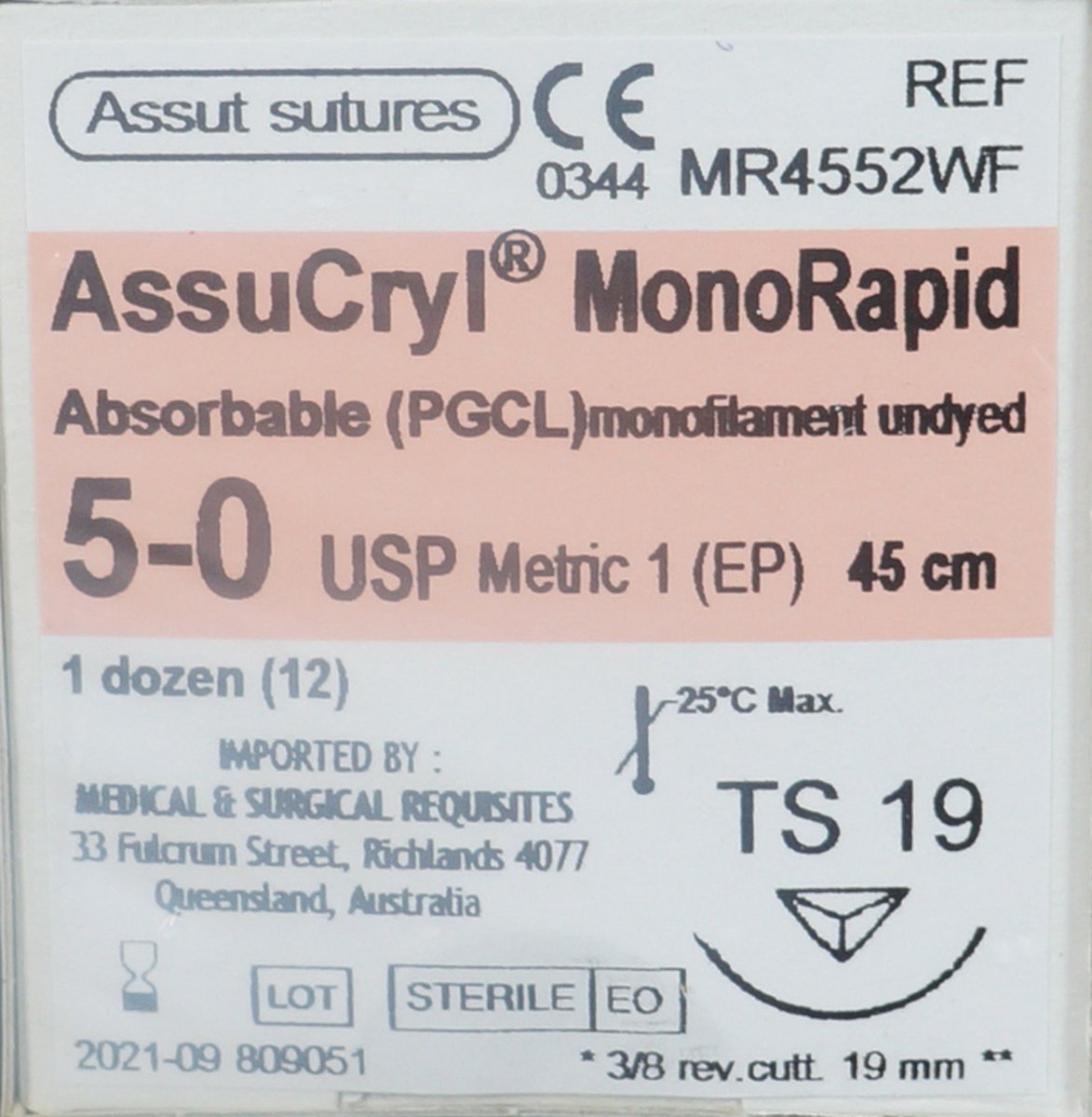  5/0 Assut AssuCryl MonoRapid 19mm x 45cm with 3/8 Reverse Cutting Needle - Undyed. Pack of 12