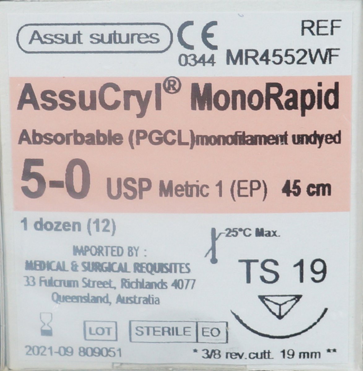 50AssutAssucrylMonorapid19MmX45CmWith38ReverseCuttingNeedle-UndyedPackOf12