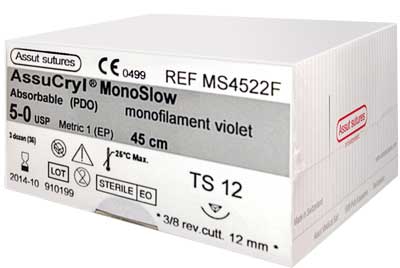 5/0 Assut AssuCryl MonoSlow Violet Sutures 12mm x 45cm with 3/8 Reverse Cutting Needle. Pack of 36