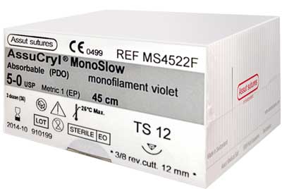 50AssutAssucrylMonoslowVioletSutures12MmX45CmWith38ReverseCuttingNeedlePackOf36