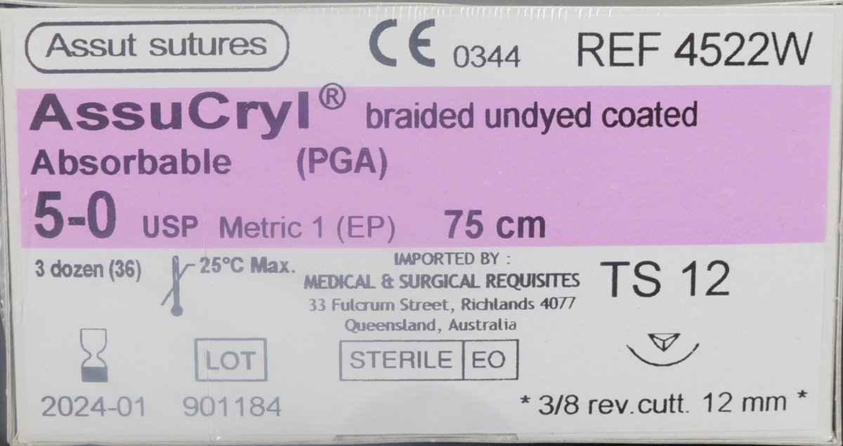  5/0 Assut AssuCryl Suture 12mm x 75cm with 3/8 Reverse Cutting Needle - Undyed. Pack of 36