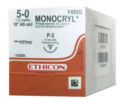 5/0 Monocryl Suture 12.9mm Needle, Undyed 45cm. Pack of 12