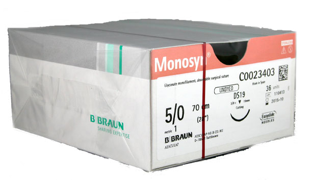 5/0 Monosyn Suture 19mm 3/8 RC Needle, 70cm. Pack of 36