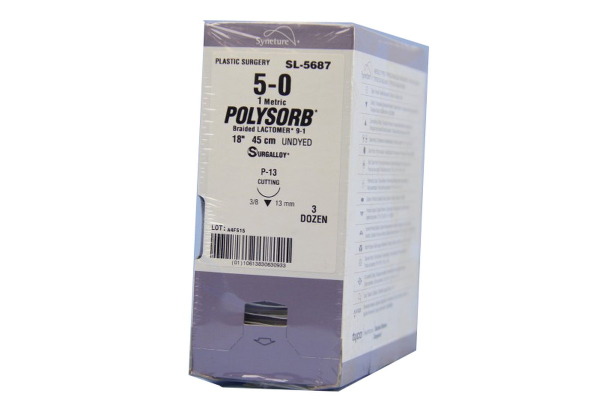 5/0 POLYSORB SUTURE P-13/13MM 3/8 RC NEEDLE, 45CM. BOX OF 36