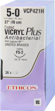 5/0 Vicryl Plus Suture 19mm 3/8 RC Needle, 70cm Undyed. Box of 36