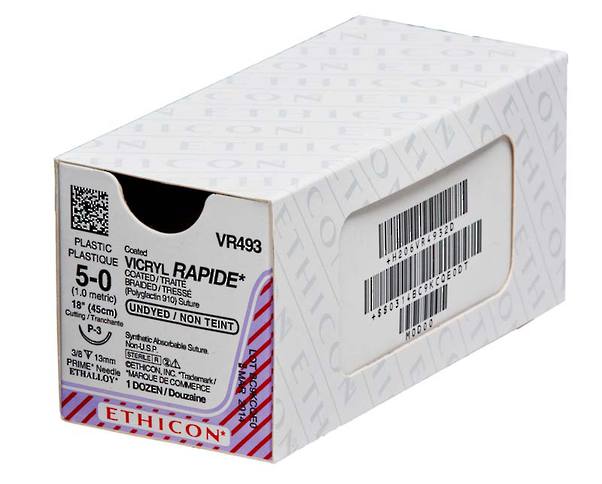 5/0 Vicryl Rapide Suture, 13mm RC Needle, 45cm. Box of 36
