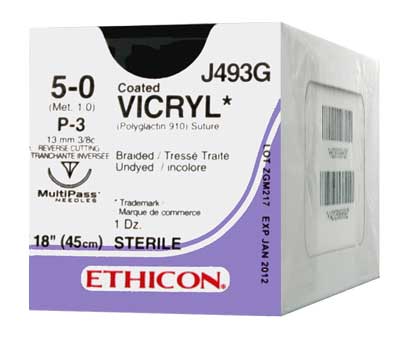 5/0 Vicryl Suture 12.9mm RC Needle, 45cm Braided Undyed. Pack of 12