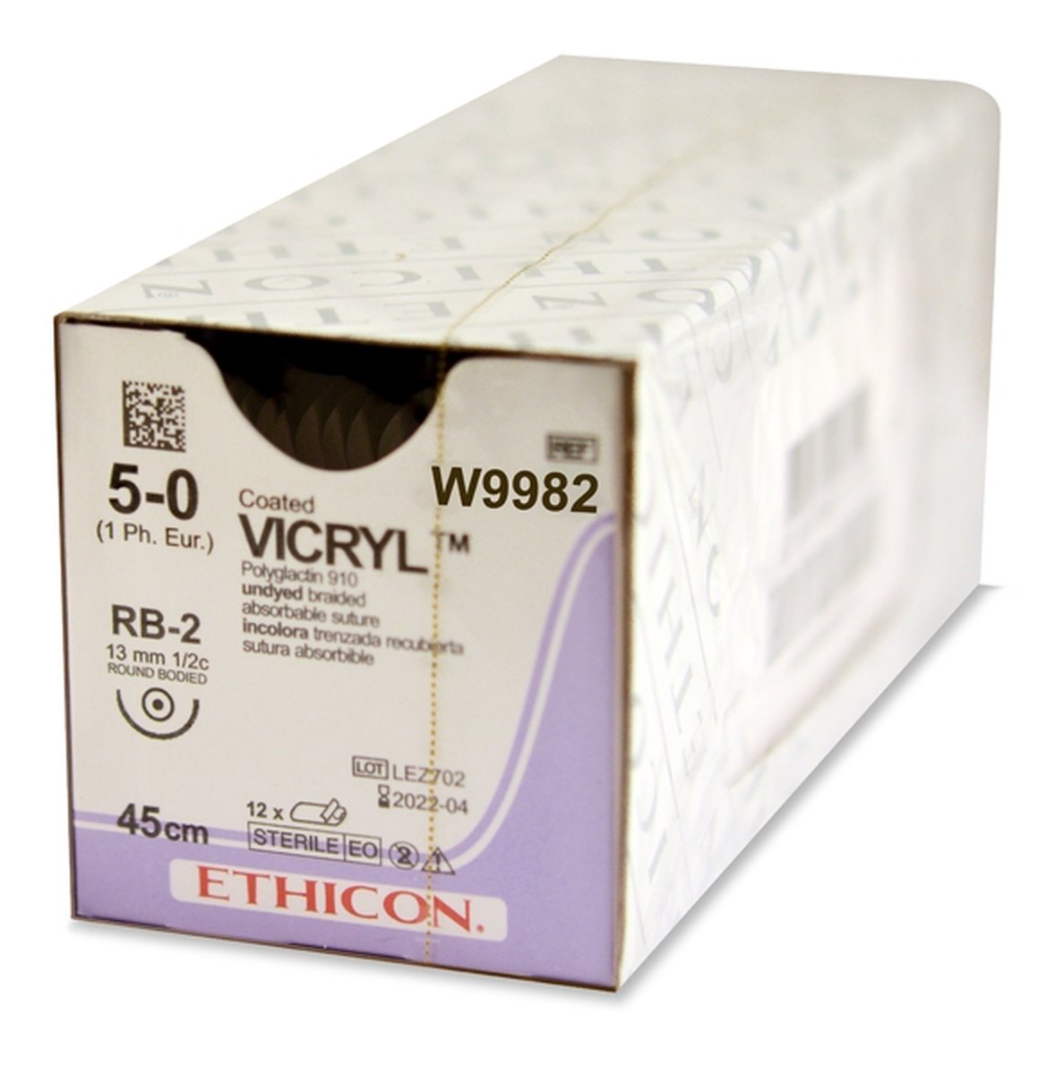 5/0 Vicryl Suture 13mm 1/2 Circle Taper Point Needle, 45cm Undyed. Box of 12