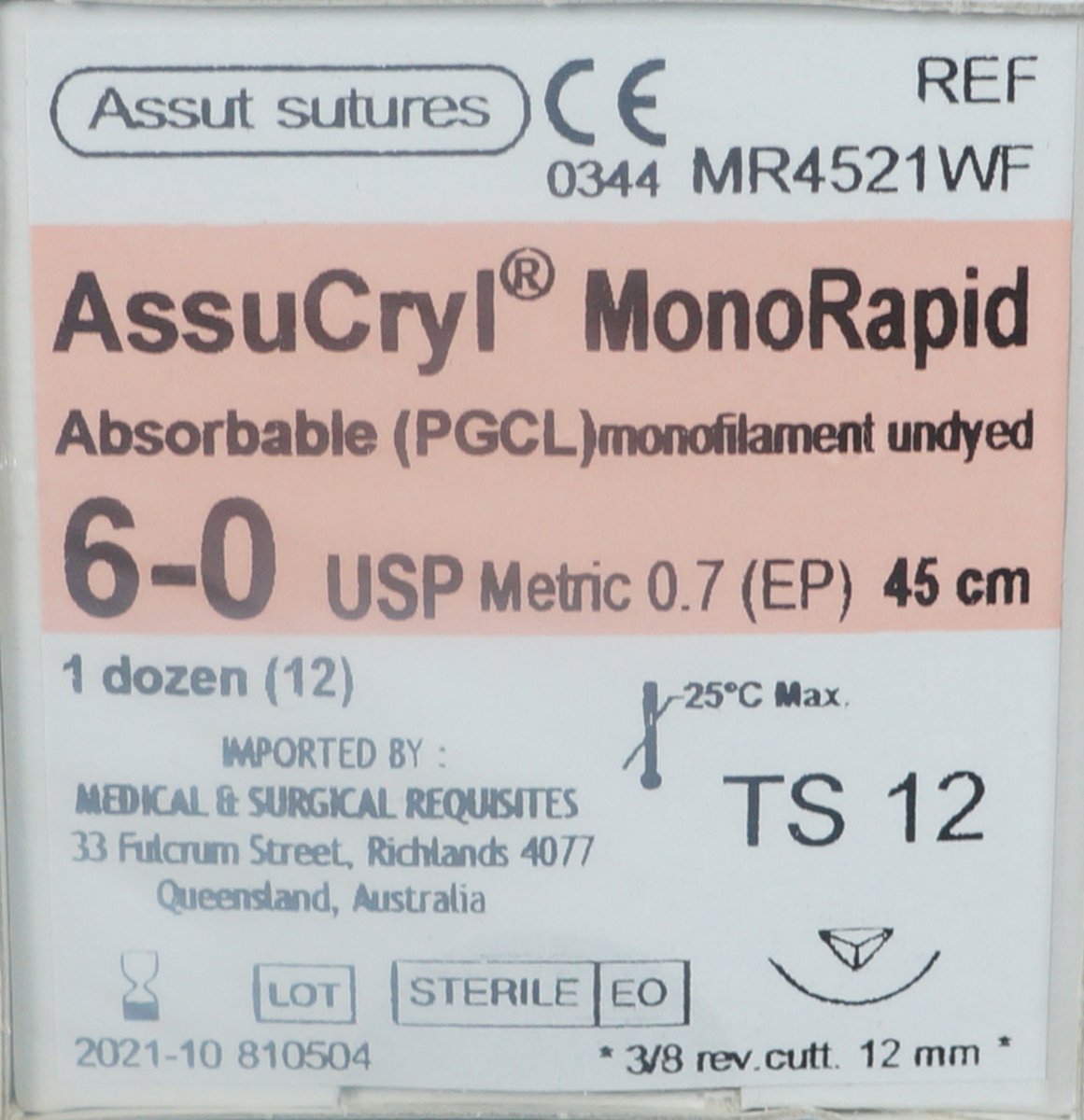  6/0 Assut AssuCryl MonoRapid 12mm x 45cm with 3/8 Reverse Cutting Needle - Undyed. Pack of 12