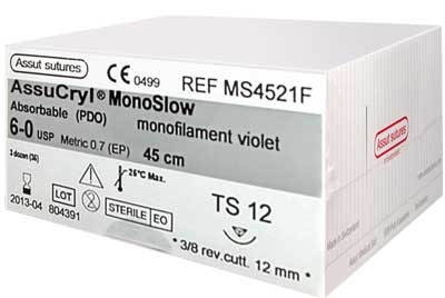  6/0 Assut AssuCryl MonoSlow Violet Sutures 12mm x 45cm with 3/8 Reverse Cutting Needle. Pack of 36