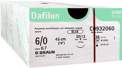 6/0 Braun Dafilon Suture 12mm 3/8 RC Needle, 45cm. Pack of 36