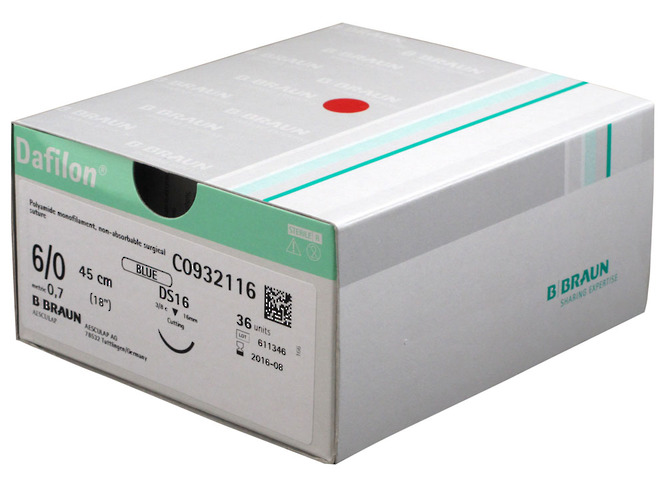 6/0 Braun Dafilon Suture 16mm 3/8 RC Needle, 45cm. Pack of 36