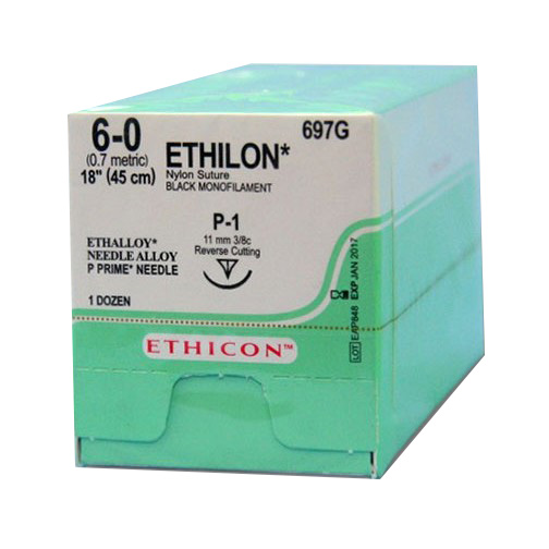 6/0 Ethilon Suture,11mm 3/8 Circle Prec. Point Rev Cut Needle,45cm. Black. Box of 12