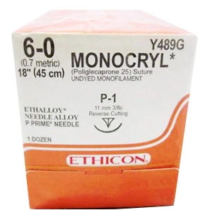 6/0 MONOCRYL SUTURE 11MM NEEDLE, 45CM. PACK OF 12