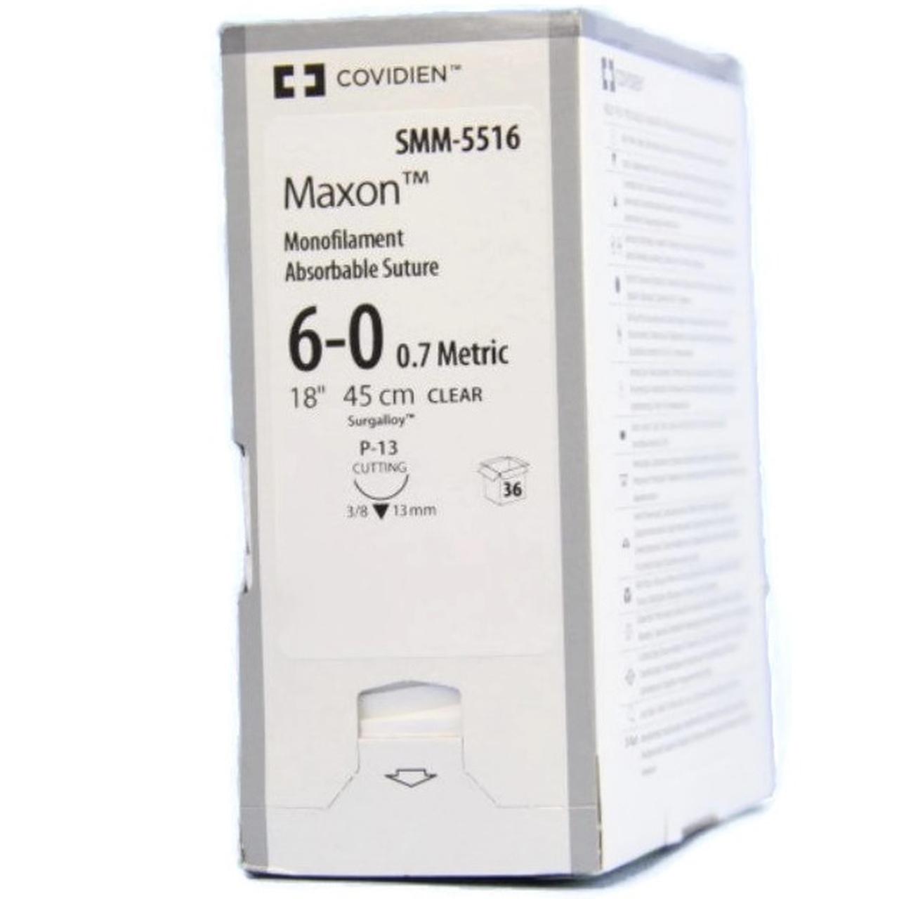 6/0 Maxon Suture, 13mm 3/8 Circle P-13 Needle, 45cm Clear, Box of 36