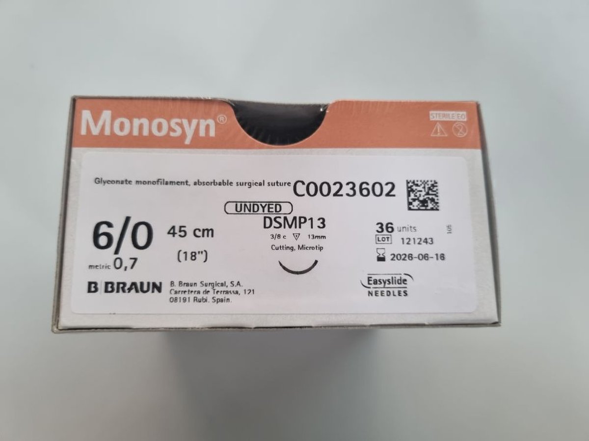 6/0 Monosyn Suture 13mm Micropoint RC Needle, 45cm. Box of 36