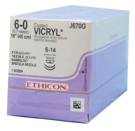 6/0 Vicryl Suture,2 x 8mm 1/4 Circle Sabreloc Spatula Needles, 45cm Undyed. Box of 12