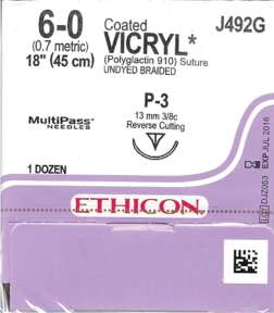 6/0 Vicryl Suture 13mm Undyed, 45cm. Box of 12