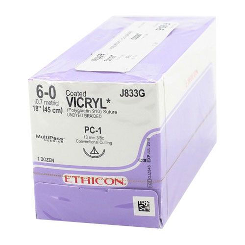 6/0 Vicryl Suture PC-1 13mm RC Undyed 45cm. Box of 12