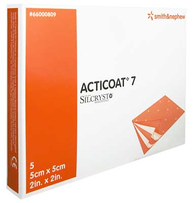 Acticoat 7 Silver-Coated Antimicrobial Barrier Dressing 5cm x 5cm. Box of 5