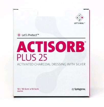 Actisorb Plus 25 Activated Charcoal Dressing with Silver 10.5cm x 10.5cm. Box of 10